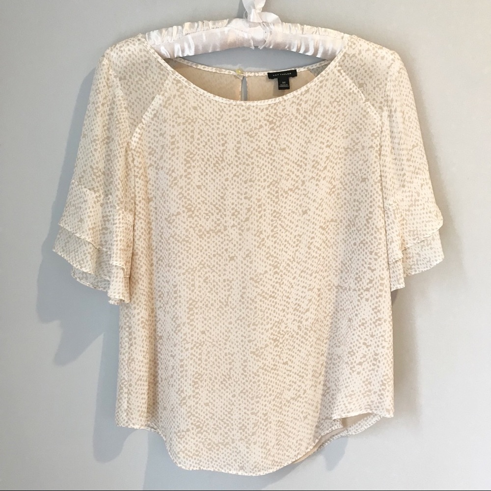 Ann Taylor Ruffle Sleeve Top Tan/Cream Size XS